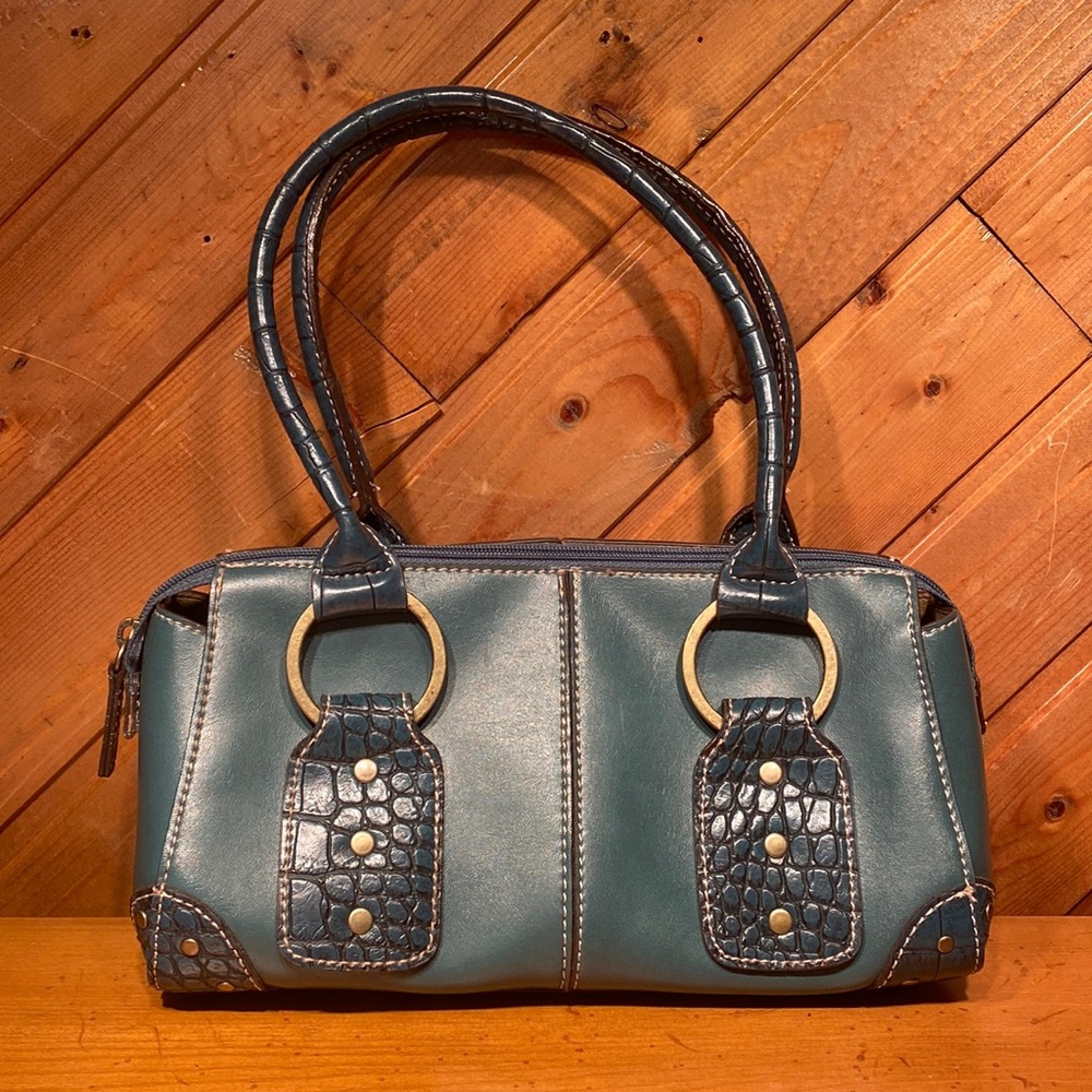 Teal Croc Embossed Leather Shoulder Bag